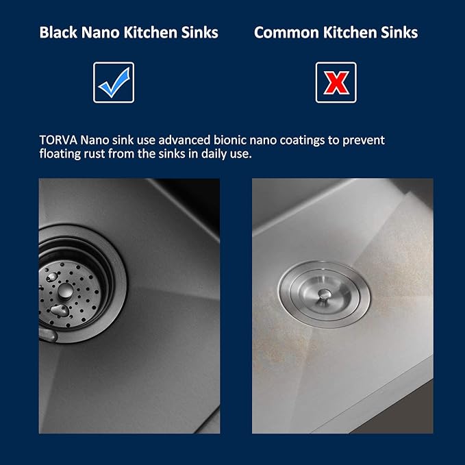 TORVA 18 x 18 Inch Gloss Black Drop-in Topmount Kitchen Sink - 16 Gauge Stainless Steel, PVD Coated Gunmetal Finish, NanoTek Single Bowl 9-Inch Deep Bar/Prep Basin, Dark Gray