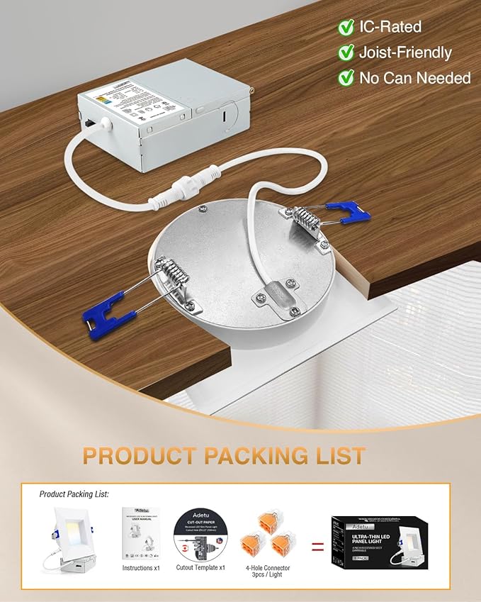Adetu 4 Inch Anti-Glare LED Downlight,Dimmable Ceiling Light with 5CCT Reset,Selectable from 2700K to 5000K - 12W 1080LM, ETL Certified (White, 1 Pack Square)