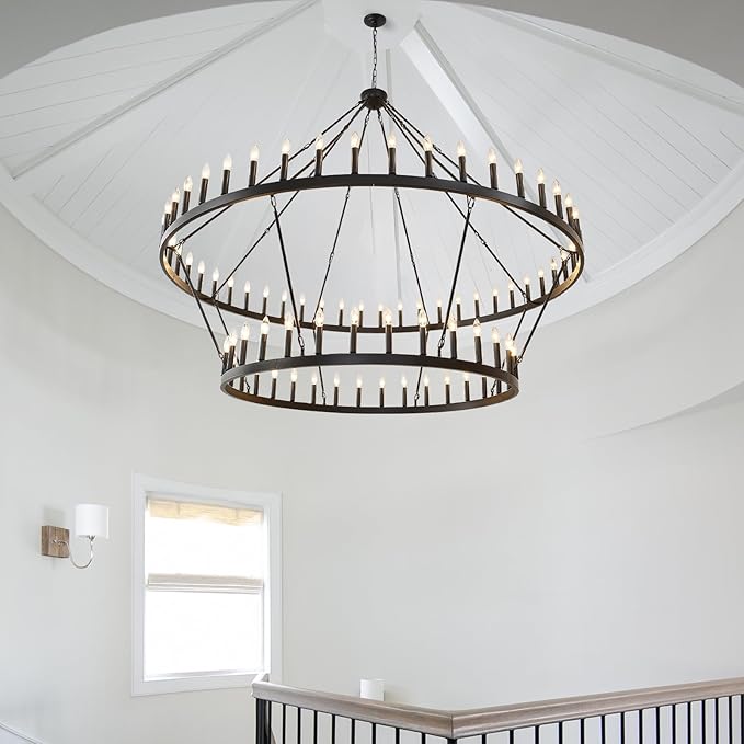 80-Inch Black 2 Tier Wagon Wheel Chandelier, 80-Light Double Tier Extra Large Foyer Lighting, Candle Industrial Round Iron Chandelier for High Ceilings, Dining Room, Entryway, E12