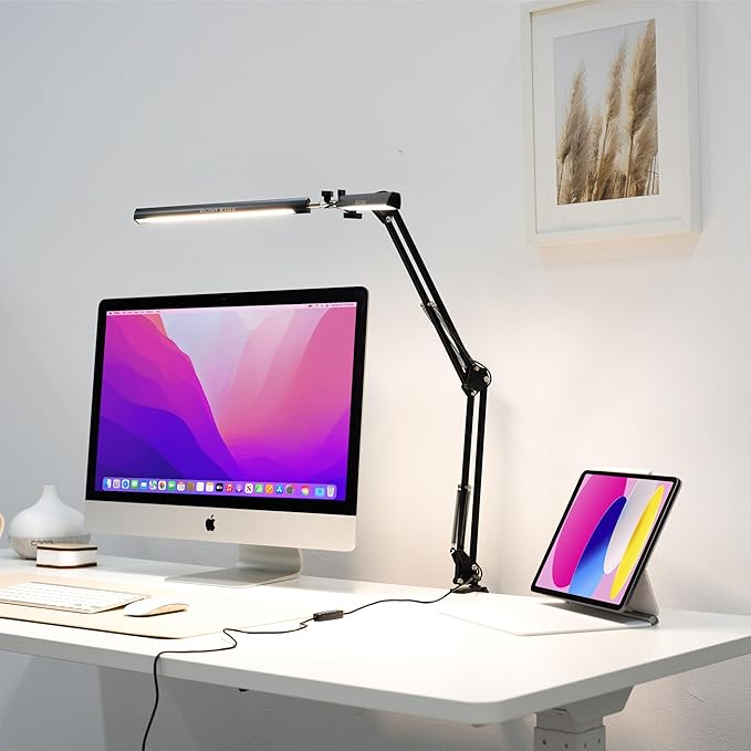 Double Head LED Desk Lamp, Ultra-Wide Coverage for 72" Workspaces, Eye-Caring, 360° Adjustable, Stepless Dimming, Remote Control, 10 Brightness Modes, 3 Color Temperatures, Energy Efficient