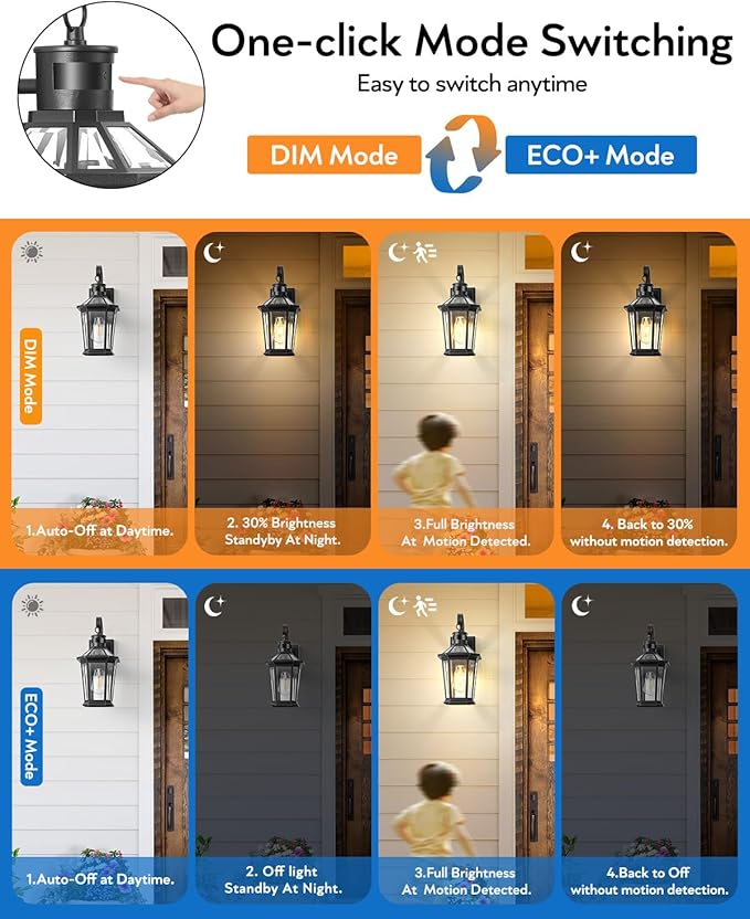 VIANIS Motion Sensor Outdoor Wall Lantern, Black Waterproof Dusk to Dawn LED Exterior Wall Sconce, Anti-Rust Aluminum Modern Outside Porch Light Wall Mount for House, Garage, Entryway 2 Pack