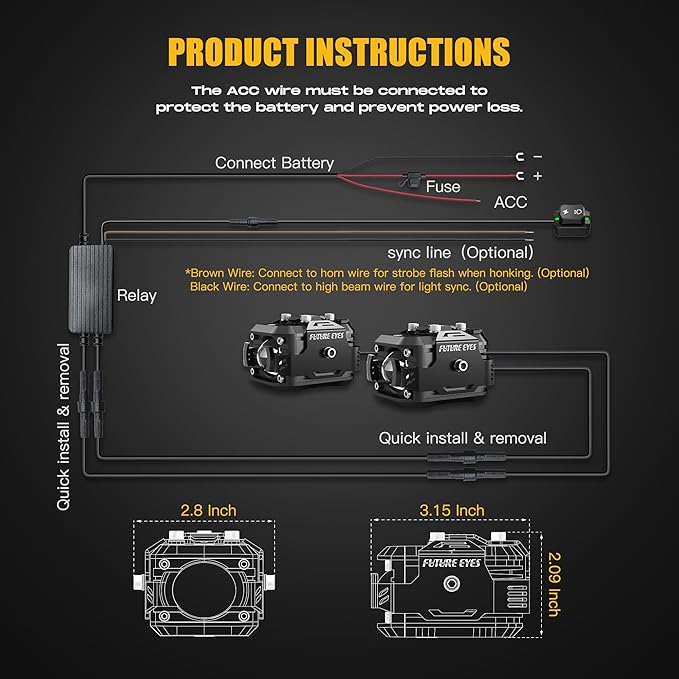 Future Eyes LED Motorcycle Fog Lights, 60W Auxiliary Driving Lights, High/Low Beam, Amber/White Daytime Running Light, Waterproof Off-Road Light for Motorcycles, ATVs, UTVs & Dirtbike