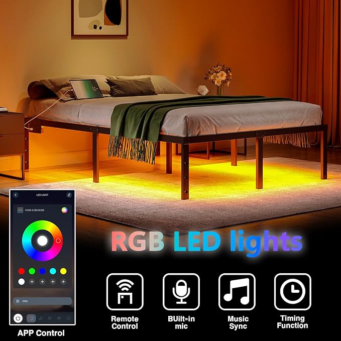 Queen Size Bed Frame with LED Lights & Charging Station - 18 Inch Heavy Duty Metal Platform Bed Frame No Box Spring Needed, Easy Assembly, No Noise
