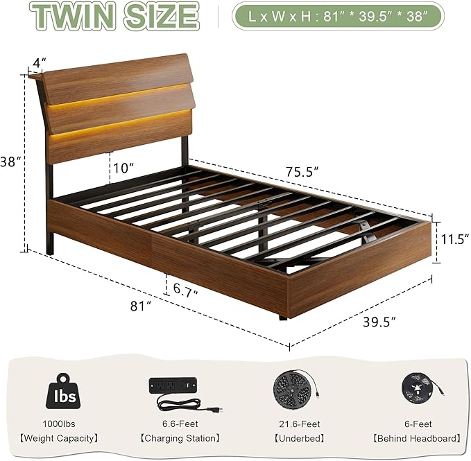 Feonase Floating Bed Frame Twin with Led Lights and Charging Station, Wood Full Size Bed Frame with Storage Headboard, Heavy Duty Metal Slats, No Box Spring Needed, Easy Assembly,Walnut