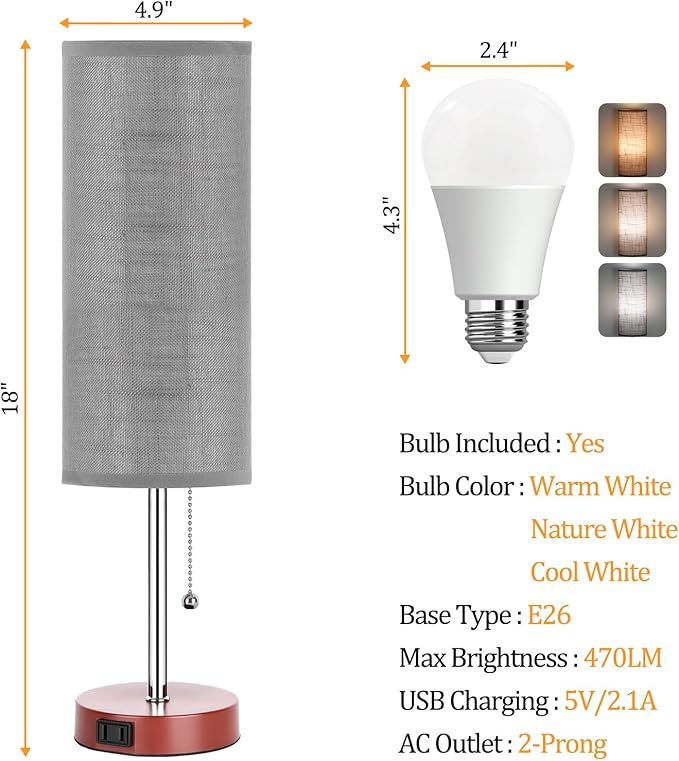 Dott Arts 18" Table Lamp for Bedroom, 3-Color Bedside Lamps with Pull Chain, Bedroom Table Lamps for Nightstand,AC Outlet Small Lamp for Living Room, Bulb Included Grey