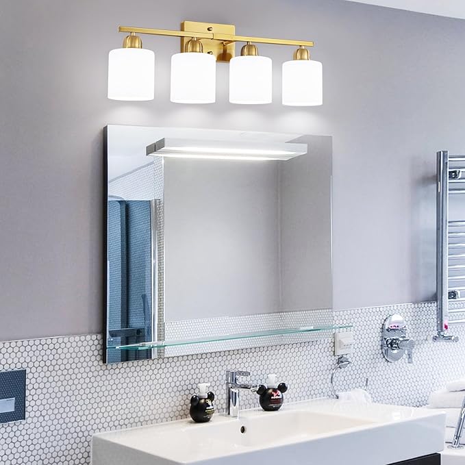 4 Light Gold Light Fixture Bathroom, Brushed Gold Vanity Light with Milky White Frosted Glass Shades, Lights for Bathroom Mirror for Living Room Bedroom Hallway E26 Base