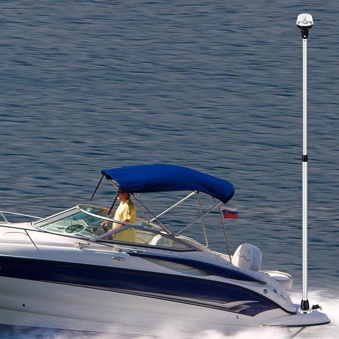 Telescoping Stern Light Anchor Light LED Extension Boat Navigation Lights Pole with Base USCG 2 NM All Round White Detachable Plug in 10-30 Volts From 29 to 43 Inches