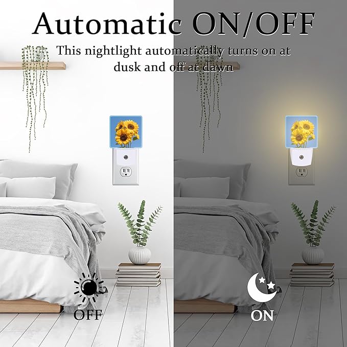 Blooming Sunflowers Night Light Plug into Wall, Summer Blue Sky Sunflower Dusk to Dawn Night Light,0.5w Energy Saving Sleep Friendly Nightlights for Kids Boys Girls Home