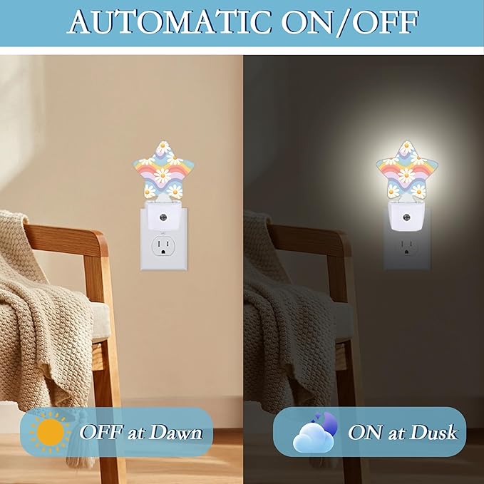 Groovy Hippie Daisies Flowers Night Light,Retro Rainbow Wavy Floral Plug-in Dusk to Dawn Smart Sensor Nightlight for Bathroom Bedroom Hallway Kitchen Stairs Energy Efficient Decor Desk Lamp