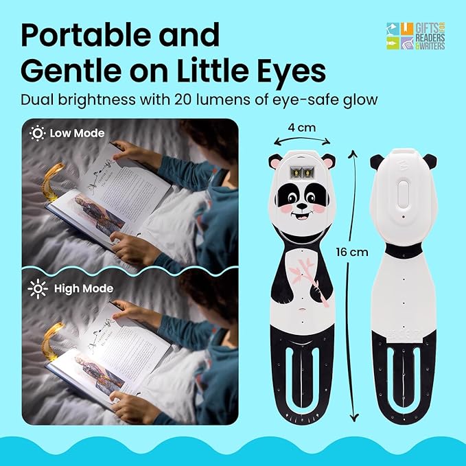 Gifts for Readers & Writers Bookmark Reading Lights Panda 2in1 Clip On Bookmark Kids Light for Reading in Bed, Rechargeable Travel Cute Lights, 20 Lumen LED