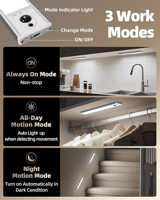 EZVALO 5 Pack Under Cabinet Lighting, Rechargeable Motion Sensor Light, LED Closet Lights Wireless, 5700K Dimmable, Timer, Magnetic, with Remote Control for Kitchen, Closet, Stair