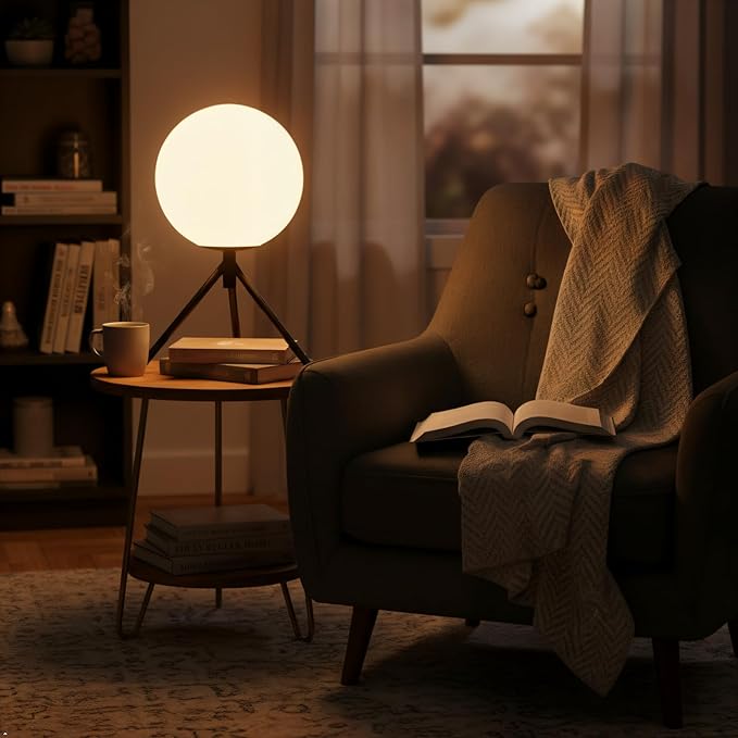 Modern Globe Table Lamp Milk White Glass Table Lamp Small Bedside Lamp Nightstand Lamp with Black Tripod Base Minimalist Ball Reading Desk Lamp for Bedrooom Living Room Office Study Room