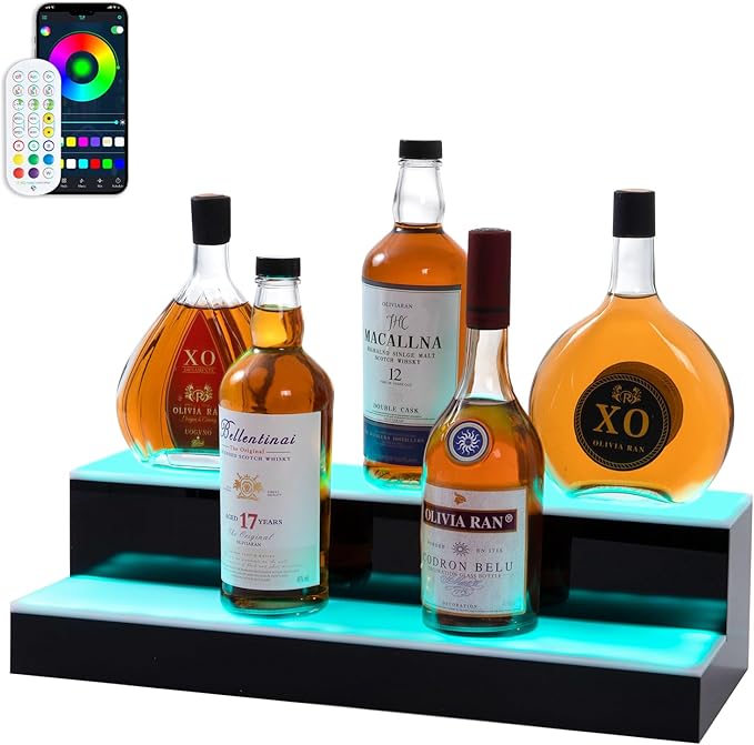 Led Lighted Liquor Bottle Display Shelf, 20 Inch 2 Tier Whiskey Rack, Support USB, Bar Stand with RF Remote & App Control, Illuminated Acrylic Lighting Shelves for Home Bar, Party