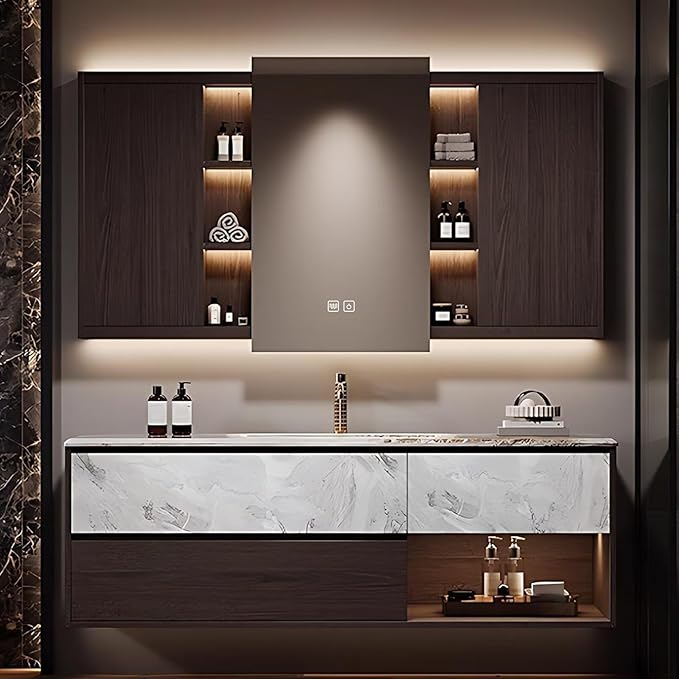 52 Inch Wood Grain Bathroom Vanity - Modern Luxury Floating Bathroom Vanity with Sink,Smart Defogging LED Mirror & Adjustable Mirror Panels,Textured Door and Ample Storage,Ambient Light Strip