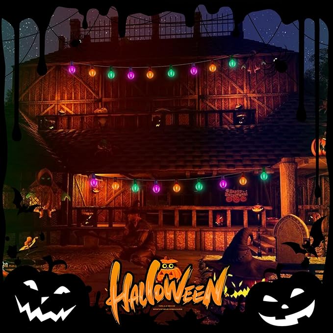 LED Outdoor String Lights 25Ft Orange Purple and Green Halloween Lights Outdoor with 27 Shatterproof LED Globe Bulbs, Connectable Halloween Decorations Lights for Home Patio Garden Christmas Party