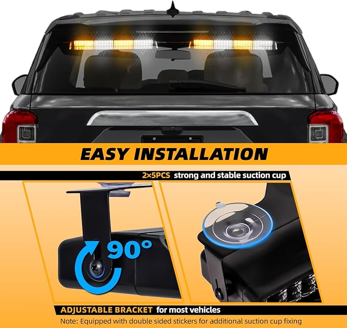 Amber/White 2 in 1 Emergency Dash Strobe Light Bar, Front/Rear 48LEDs Interior Windshield Visor Safety Flashing Warning Hazard Lights for Construction Work Trucks Towing Vehicles