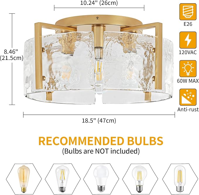 18.5'' Modern Gold Semi Flush Mount Ceiling Light, 4-Light Glass Drum Light Fixtures, Ceiling Lights for Hallway Foyer Entryway Bedroom Kitchen Dining Room Living Room Lighting Fixture, UL-Listed