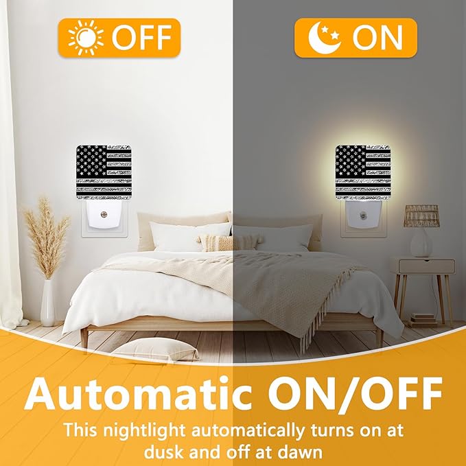Black White American Flag Night Light, Plug-into USA Flag Nightlight White LED Lamp, Energy Efficient Decor Desk Lamp for Bedroom Hallway Stairs Bathroom