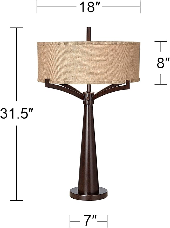 Franklin Iron Works Tremont Mid Century Modern Industrial Table Lamps 31.5" Tall Set of 2 Rich Bronze Iron Burlap Fabric Drum Shade for Living Room Bedroom House Bedside Nightstand Home Office