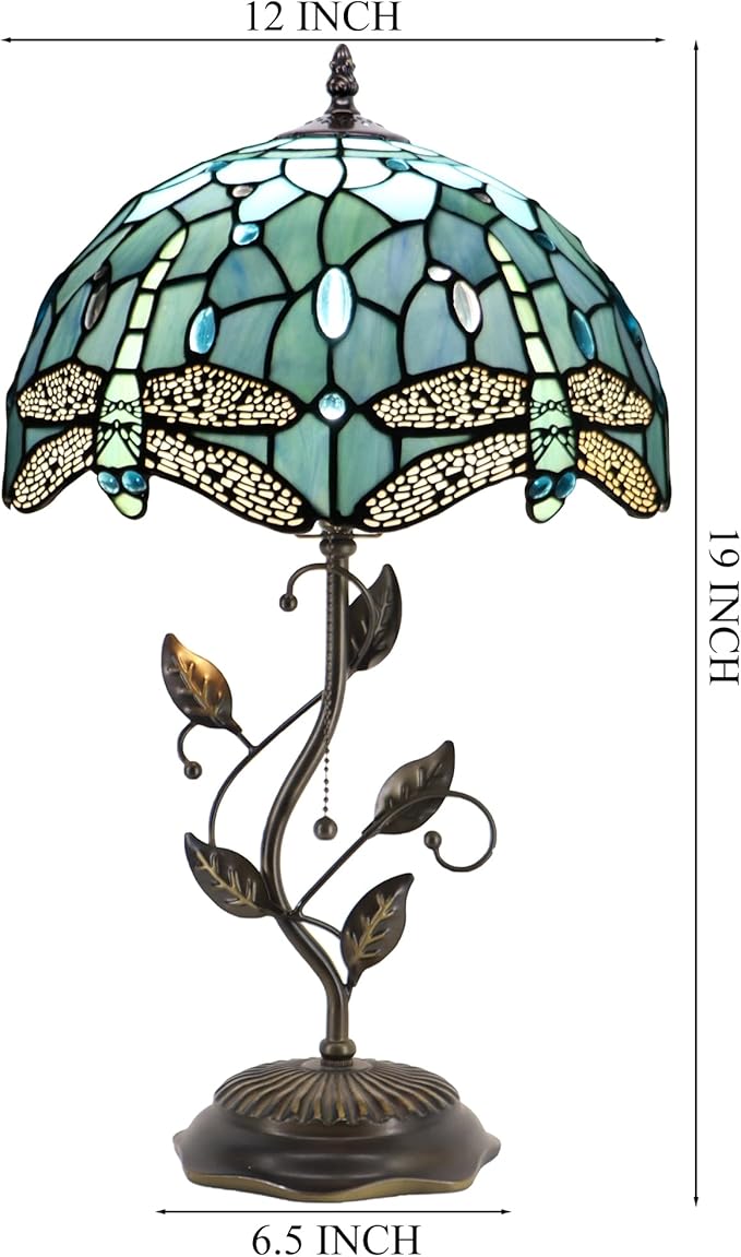 Tiffany Table Lamp Stained Glass Desk Lamp Metal Leaf Base Reading Light 12X19 Inch (Sea Blue Dragonfly)