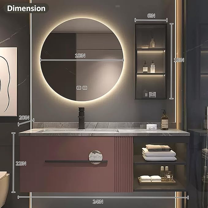 Bathroom Vanity with Sink - Extended Metal Handles & Side Cabinets with Ambient Lighting | Large Storage Space, Floating Wood Bathroom Vanities Sink Set (24'')