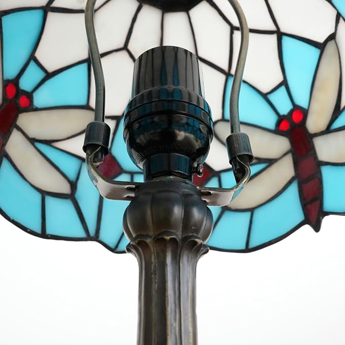 Tiffany Table Lamp Blue Dragonfly Stained Glass Bedside Lamp Antique Unique Cute Accent Nightstand Light for Home Living Room Office Dormitory Bar Decorate