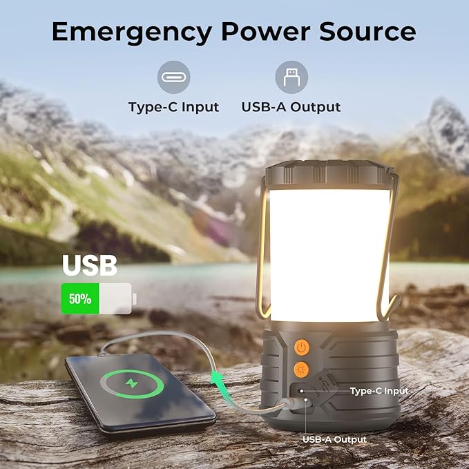 Camping Lantern,5000mAh Rechargeable Battery Emergency Lights for Power Outages,3 Colors,IPX4 Waterproof Portable Flashlight Camping Tent Light for Home or Hurricane Hiking,1 Pack