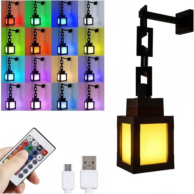 Timer-Enabled Pixelated Lantern Night Light, 16-Color RGB LED Mood Lamp, Remote/Touch Control, USB Cycle Charging, Wall/Table Mount, Bedroom/Game Room Decor, Gamer/Kid Gift