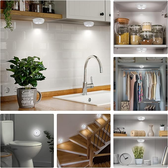 Motion Sensor Light Indoor, Under Cabinet Light, Ceiling Lights, AA Battery Operated Stick on Wireless Puck Lights for Wall, Step, Stair, Dimmable (6 Packs)