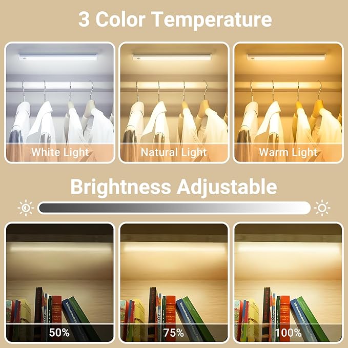 Under Cabinet Lights, Motion Sensor Magnetic LED Light, 8 inch 1000mAh Rechargeable Battery Dimmable Lights with 3 Color Temps, Indoor Wireless Lighting for Kitchen, Closet, Pantry, Counter, 4 Pack