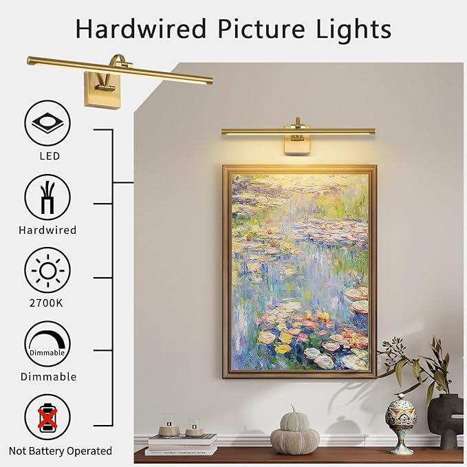 Brass Picture Lights for Wall Hardwired LED Picture Frame Light Dimmable Painting Lights for Wall Portrait Artwork 23.62 inch 14W Warm White