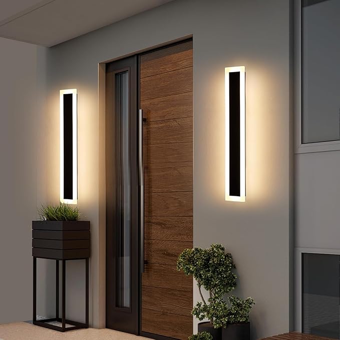 Upgrade Widened 2 Pack Modern LED Wall Sconce, 23.6inch Outdoor Wall Lights, 3000K Warm White, 24W, IP65 Waterproof, Black Long Linear Wall Mount Lighting, Outside Exterior Light for Garage, Patio