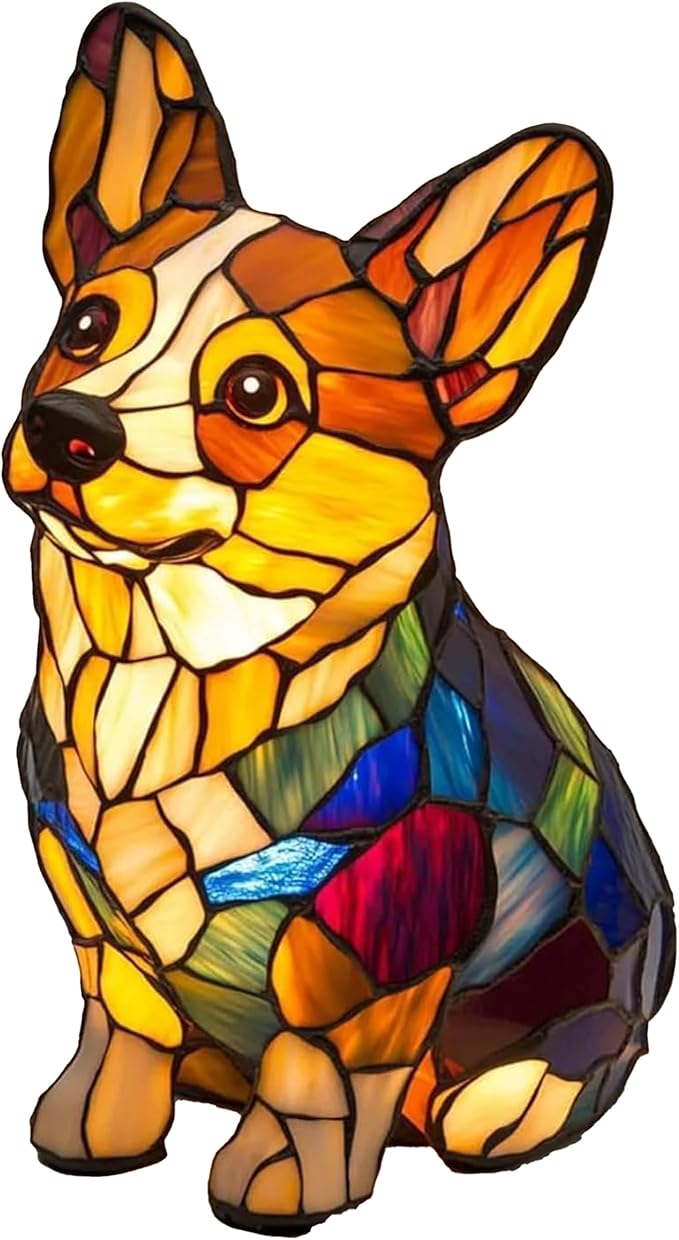 Corgi Lamp & Dog Breed Night Lights - Stained Resin Tabletop Lamp with Warm Ambient Glow, Vintage Animal Decor for Bedroom/Office, Corgi A
