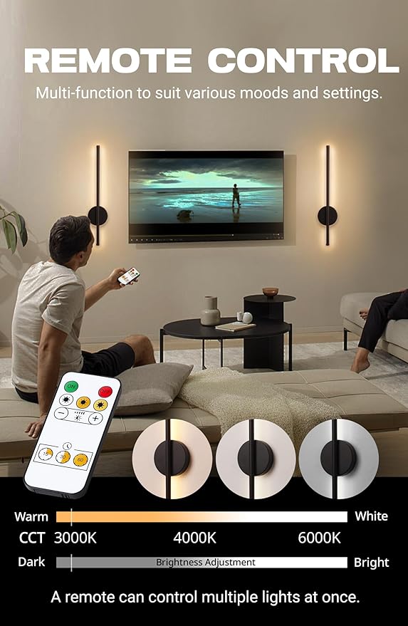 Battery Operated Wall Sconces Set of Two Rechargeable Wireless Wall Light with Remote Control Black 360° Rotate Magnetic Dimmable Cordless Wall Lamp for Living Room Bedroom Hallway 19.7 Inch