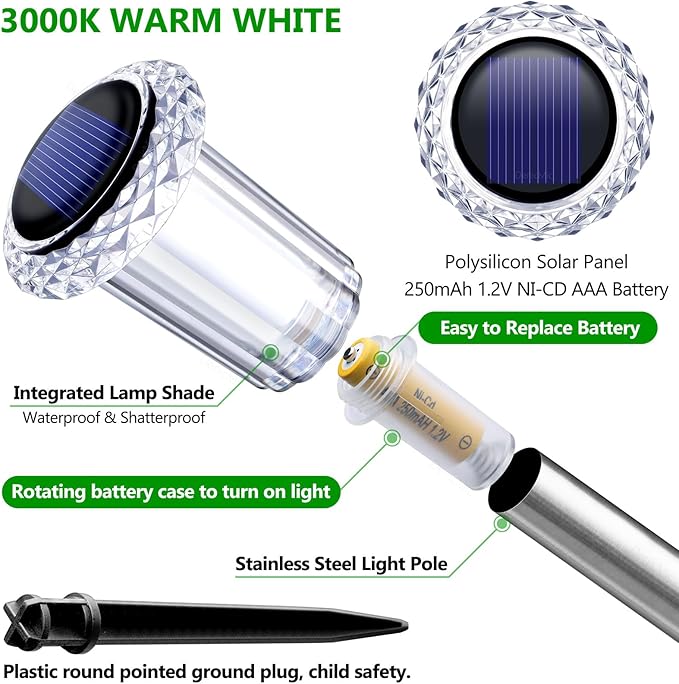 DenicMic Solar Lights Outdoor 10 Pack Waterproof Christmas Lights Outdoor 3000K Warm White LED Stainless Steel Stake for Landscape Lighting Path Walkway Sidewalk Backyard Patio Decor