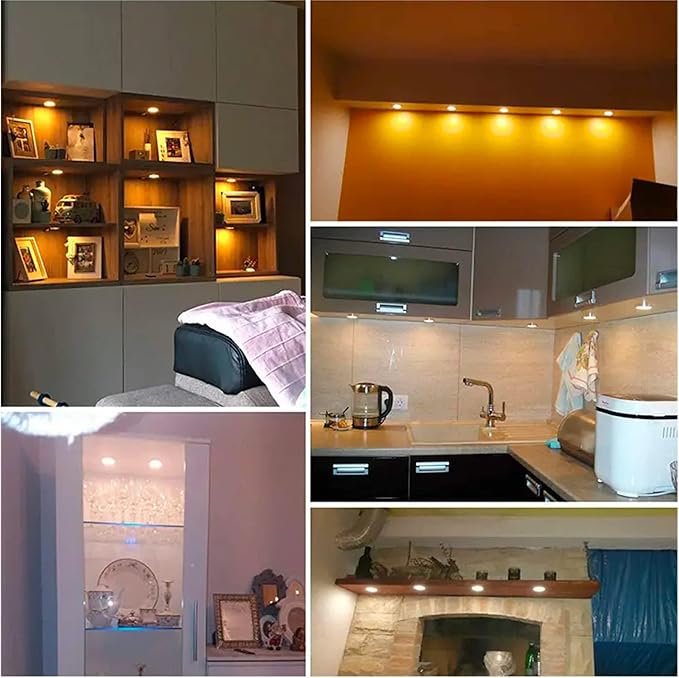 Puck Lights 6 Packs Bluetooth APP Smart Control Dimmable Tact Switch Under Cabinet Light Cabinet Lighting Cabinet Lights DC 12V Adaptor (Warm White, APP 6Pack)