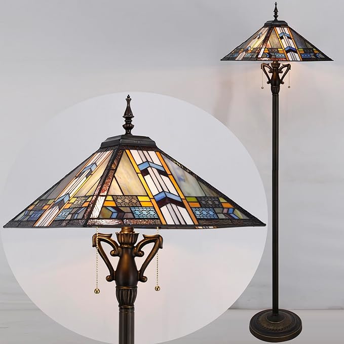 Tiffany Floor Lamp Blue Cloudy Mission Style Stained Glass Standing Reading Light 16X16X64 Inch