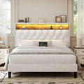 HOMBCK Full Size Bed Frame with LED Lights, Velvet Upholstered Bed Frame Full with Charging Station and Storage Headboard, Modern Diamond and Rivet Design, No Box Spring Needed, Easy Assembly, Beige