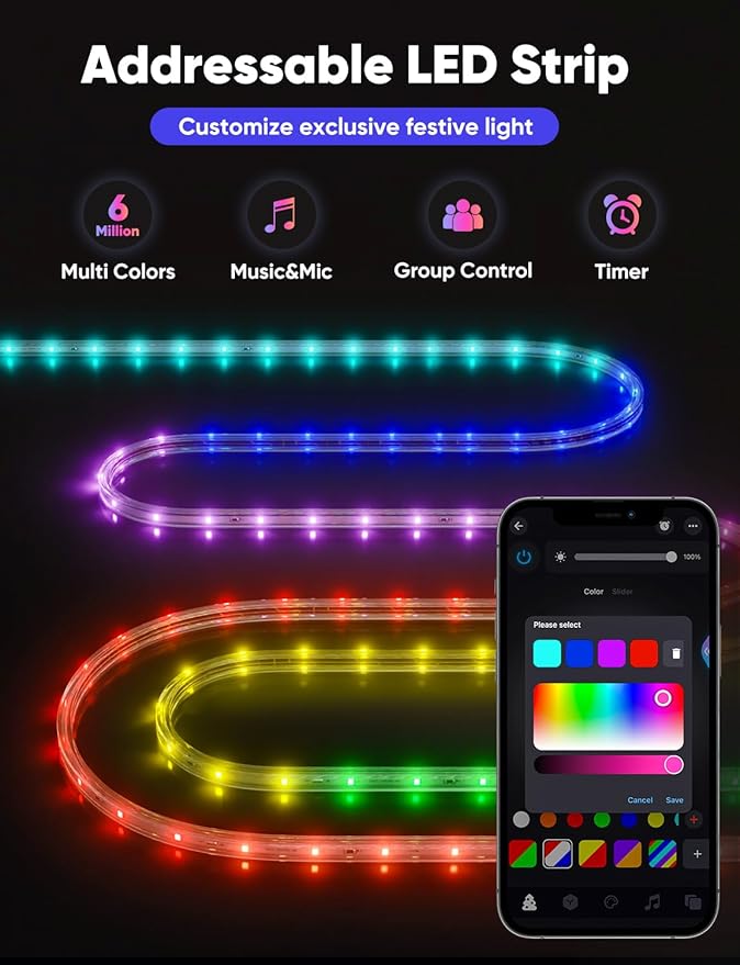 16FT Outdoor LED Strip Lights RGB+IC with Warm&Cool White, 120V Pixel Control Light String Music Sync, Waterproof and Connectable, for New Year Party Festival Eave Porch Patio Home Decor, ETL Listed