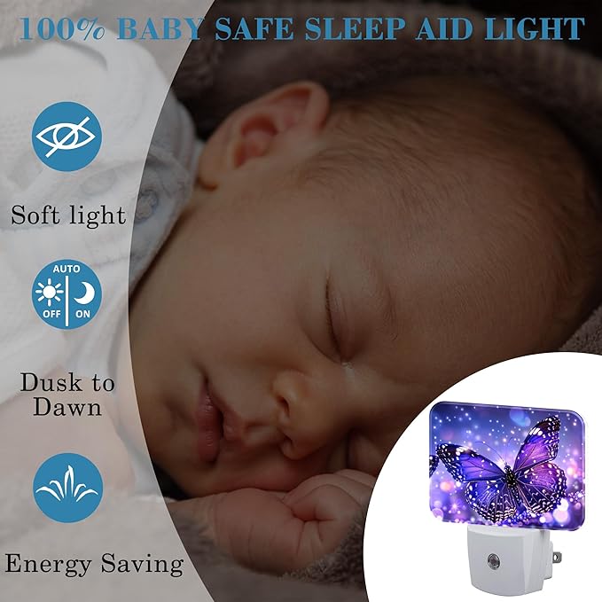Purple Glowing Magic Butterfly Night Light Butterfly Nightlight Plug into Wall with Dusk to Dawn Sensor for Kid Girls Boys Women Men Room, Hallway, Kitchen, Bathroom, Stairs Decor