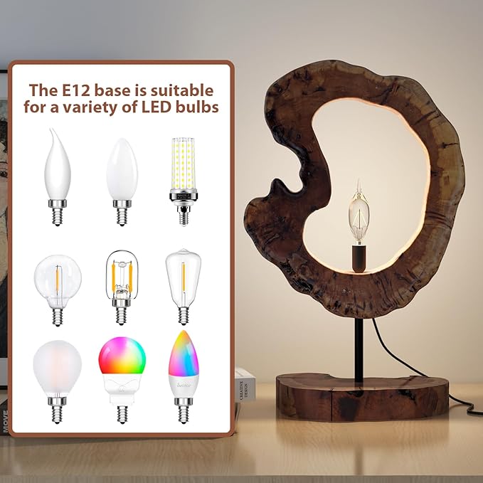 LAPTAIN Wood Table Lamp, Irregular Jujube Tree Wooden Bedside Lamp, Creative Home Decor Table Lamp, Bedside Night Light for Bedroom, Living Room, E12, ON-Off Button,Wood Base
