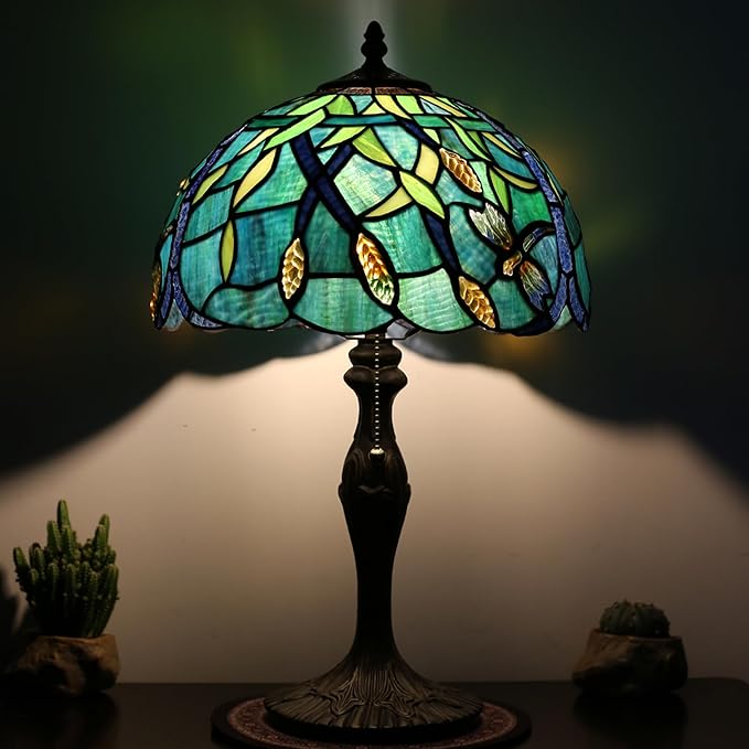 Tiffany Lamp Stained Glass Table Lamp 12” x 19” Wheat Ear Dragonfly Style Decorative Lamp Bedside Reading Lamp for Desk Living Room Bedroom Office Study Light Home Decor Gift