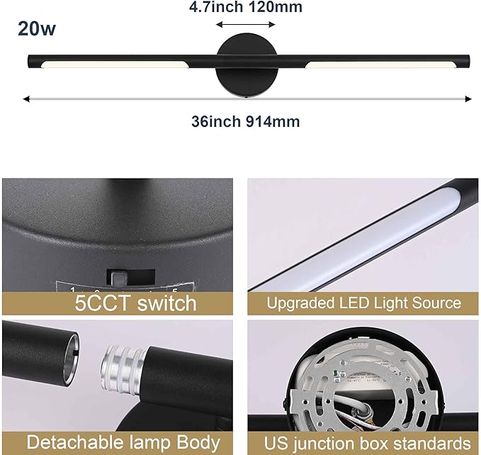 BONLICHT 36 Inch Flush Mount Modern Vanity Lighting Fixture 2700K/3000K/4000K/4500K/5500K, 20W 350°Rotatable Dimmable LED Bathroom Linear Wall Light Bar Indoor Bath Sconce Picture Display Lighting
