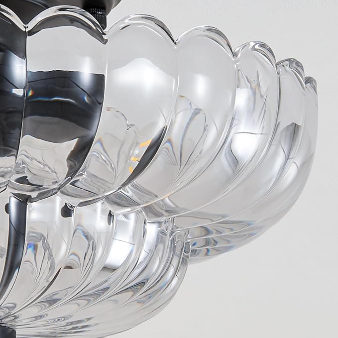 Modern Glass Ceiling Light Fixture: Vintage Matte Black Semi Flush Mount Close to Ceiling Light Fixtures - Art Deco Scalloped Flower Mid Century Boob Lights for Entry Kitchen Hallway Bedroom Laundry
