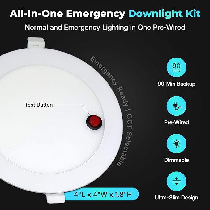 LED & Lighting Solutions 4" Dimmable Ultra Slim, Battery Powered recessed Lights, 9W 720 Lumens, CCT Selectable 2700K-6000K, 4 Inch Ceiling Light w/ 90 Min Battery Backup, ETL/IC/Damp Rated.
