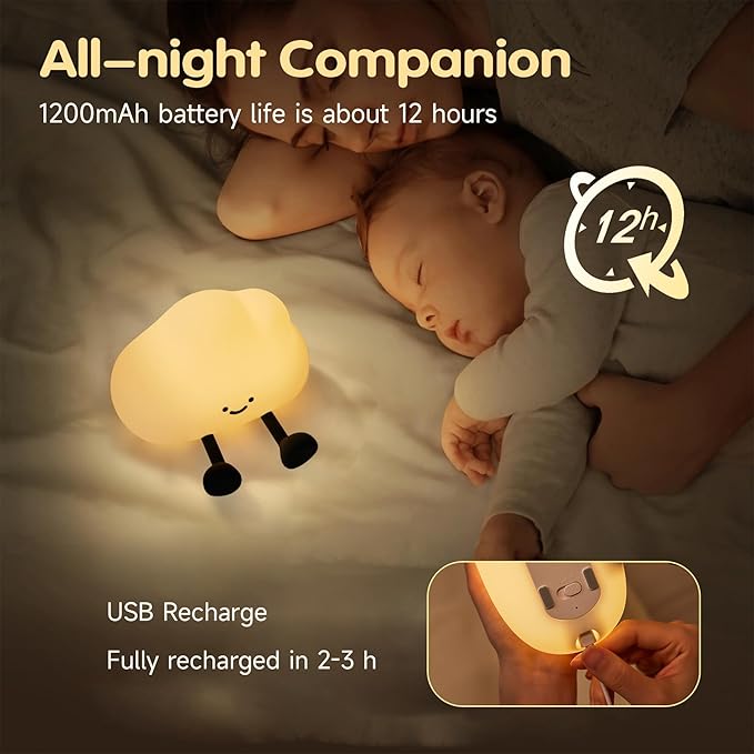 Cloud Night Light for Kids, Adorable Touch Night Lamp Silicone Dimmable LED Nightlight for Nursery Rechargeable Bedside Night Lights for Bedrooms Breastfeeding Holiday Gift for Boys & Girls