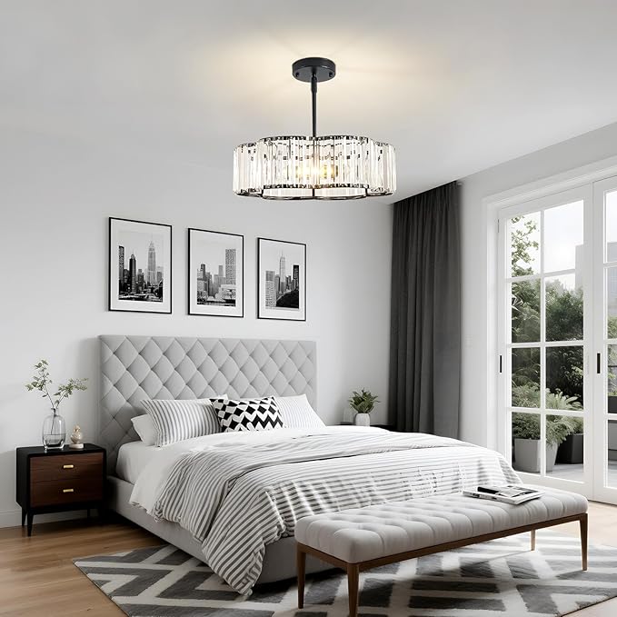 3-Light Black Crystal Chandelier for Dining Room,Modern Semi Flush Mount Ceiling Lighting Fixtures,Round Kitchen Hanging Drum Pendant Lights for Living Room Bedroom Foyer， 16 Inch