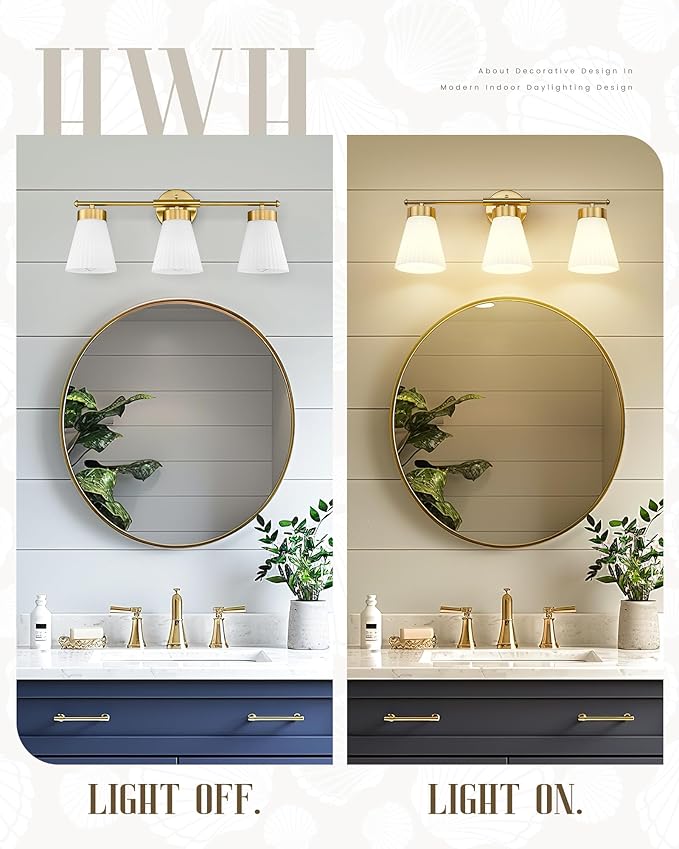 Bathroom Light Fixture, HWH 3-Light Brushed Gold Vanity Lights for Bathroom Modern Vanity Sconce Lighting Over Mirror, Wall Lamp with Frosted White Striped Glass, 5HZG97B-3W BG