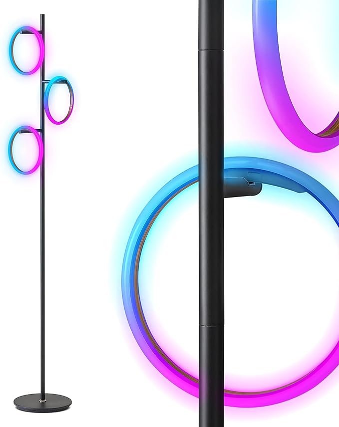 Brightech Saturn Modern Color Changing Floor Lamp - Tall Tree LED Lamp Perfect for Living Room Decor - Beautiful RGB Color Gradient and 3 LED Lights for Bedroom, Office, Reading - Black