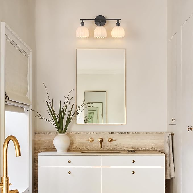 Bathroom Light Fixtures, 3-Light Black Vanity Wall Light Over Mirror with White Tulip Glass Shade for Bedroom Living Room (Bulb Not Included)
